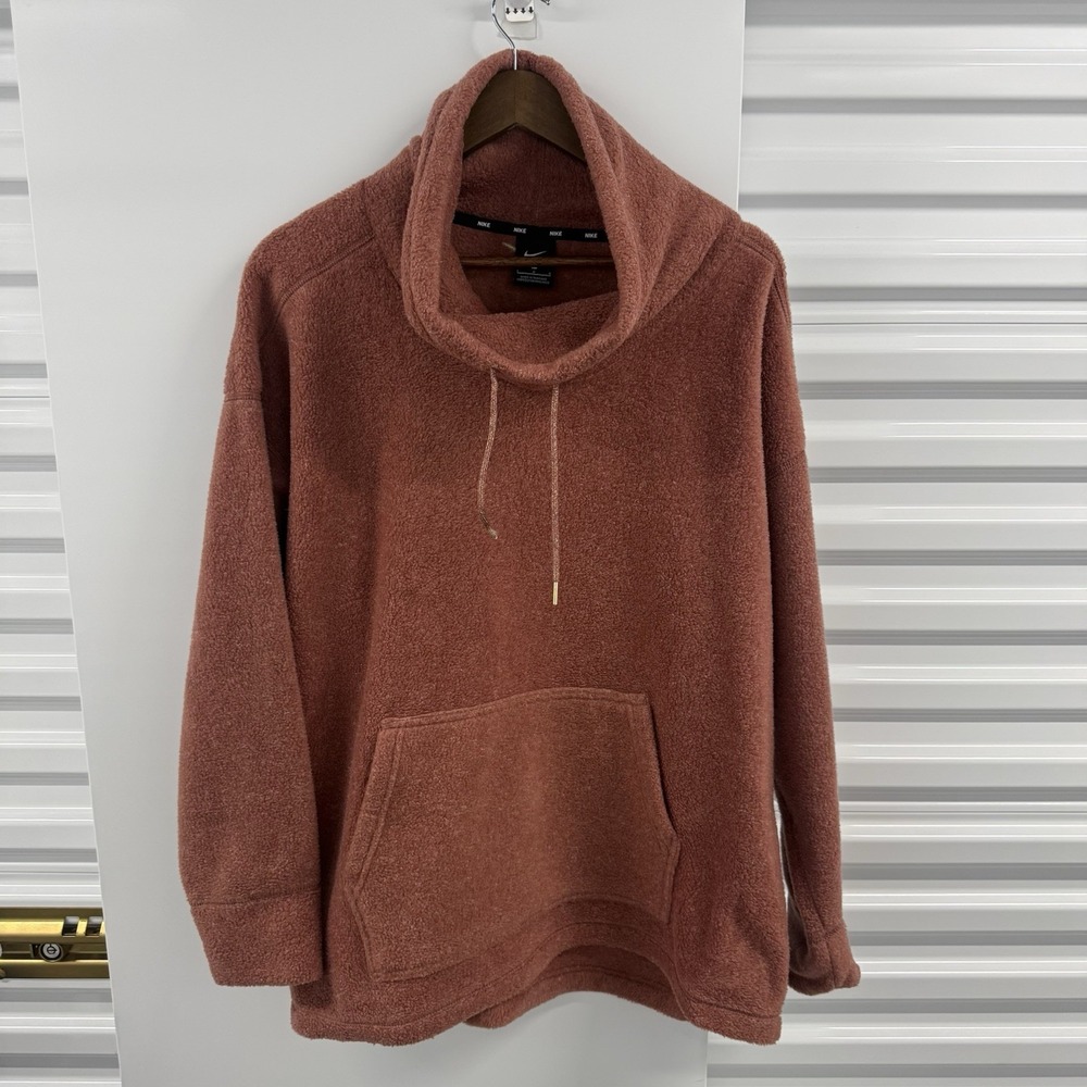 Nike Women's Sherpa Fleece Pullover Hoodie Large Rose Pink Cowl Neck Swoosh